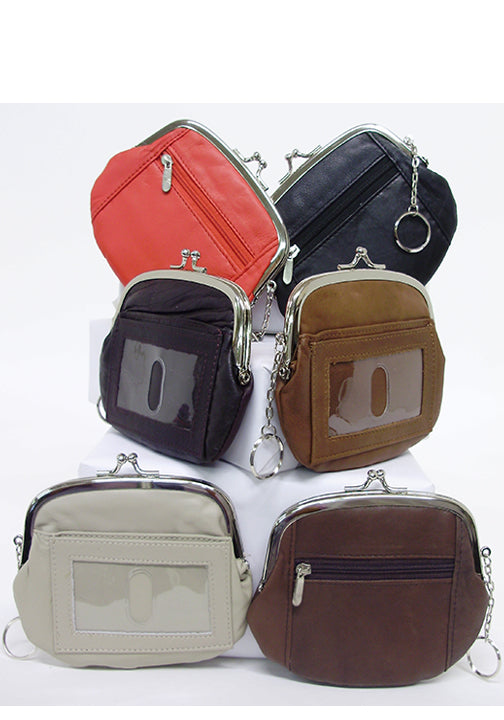 0162A - Coin purse - 1 Dozen of assorted colors, ID holder & zipper pocket on outside, cc slots on inside, on key ring