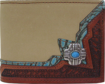 0249257T - Wallet - Bi-fold, 1 Genuine Italian leather and 1 embossed overlays, turquoise centered concho