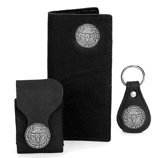 P0301043B - WALLET - Nu Buck w/2 Tone Longhorn Barbwire concho - Black (See matching Cell Case 2101043B, Keychain 8101043B)