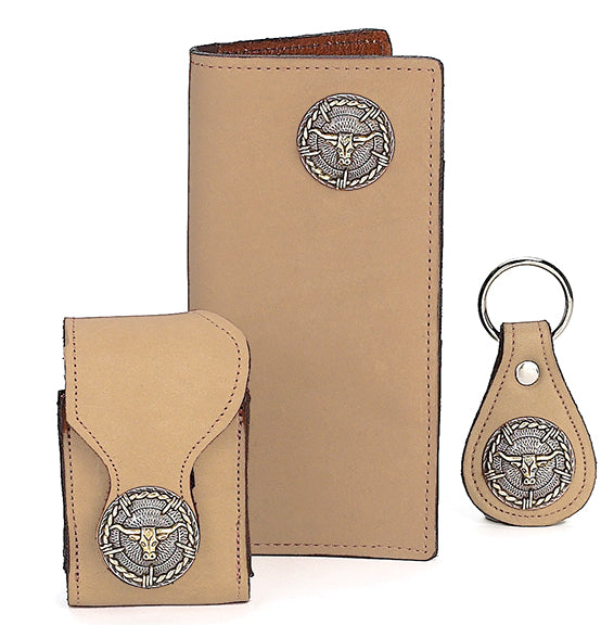 E0301043T - WALLET - Nu Buck w/2 Tone Longhorn Barbwire concho - Tan (See matching Cell Case 2101043T, Keychain 8101043T)