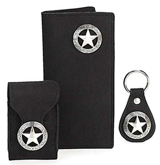 P0301050B - WALLET ONLY W/ENGRAVED CUTOUT STAR CONCHO - BLACK <BR /> (See matching Keychain 2101050B, Cell Case 8101050B)