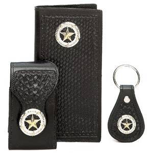 F2105047B - Flip phone cell case - Embossed Basketweave, 2 tone barbwire star concho, clip on back - Black (Matching 0303047B, 8103047B