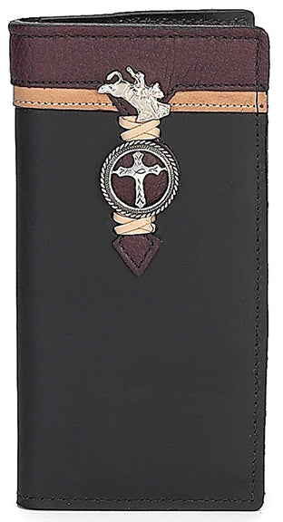 P0320062B - WALLET - Black Nubuck Leather,  2 Overlays, Laced, Small Bullrider above Rope Edge Cross Concho