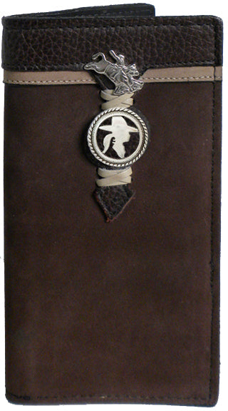 P0320076B - WALLET - Chocolate Nubuck Leather,  2 Overlays, Laced, Small Bullrider above Rope Edge Cowgirl Concho