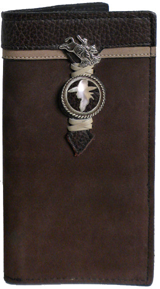 P0320076C - WALLET - Chocolate Nubuck Leather,  2 Overlays, Laced, Small Bullrider above Rope Edge Cowboy Concho