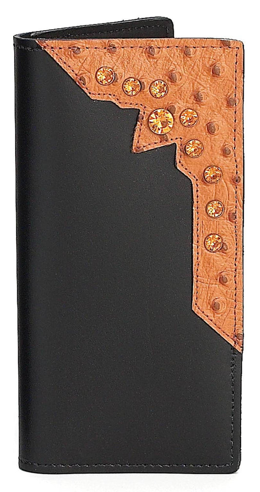 P0400P - WALLET - TG OSTRICH, CORNER OVERLAY W/ MATCHING COLORED RHINESTONES - COGNAC