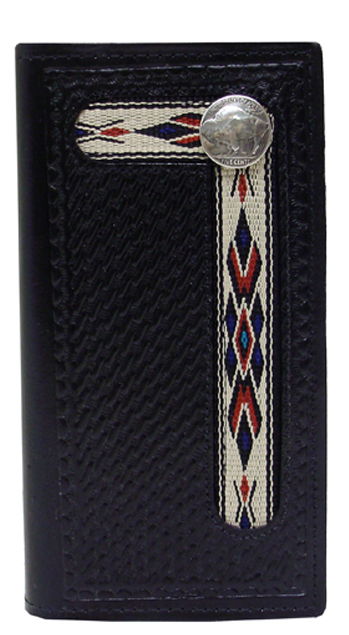 E0431106B - Wallet - basketweave embossed, hitched ribbon inlay w/buffalo nickel - Black