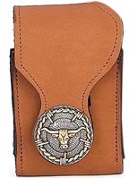 F2101043T - Flip phone cell case - Nubuck, 2 tone longhorn barbwire concho, clip on back - Tan (Wallet 0301043T, Keychain 8101043T)