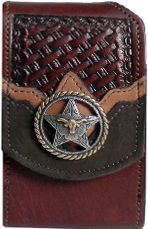 F2169042C - Flip phone cell case - 2 overlays on lattice work front, longhorn on star in rope edged circle, clip on back