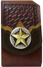 F2169055C - Flip phone cell case - 2 overlays on lattice work front, raised gold star on antique silver circle, clip on back