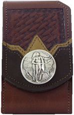 F2169102C - Flip phone cell case - 2 overlays on lattice work front, Indian half dollar concho, clip on back