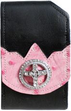 F2174065PP - Flip phone cell case - Ostrich overlay with rhinestone cross inside rhinestone circle, clip on back