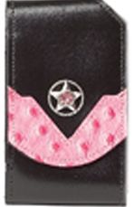 F2178121PP - Flip phone cell case - Ostrich overlay, silver star with pink rhinestone, clip on back