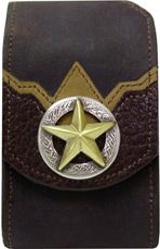 F2191055S - flip phone cell case - 2 overlays, raised gold star on antique silver circle, clip on back