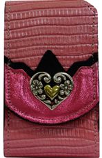 F2202014PP - Flip phone cell case - Lizard print, 2 overlays, heart concho, clip on back - Pink