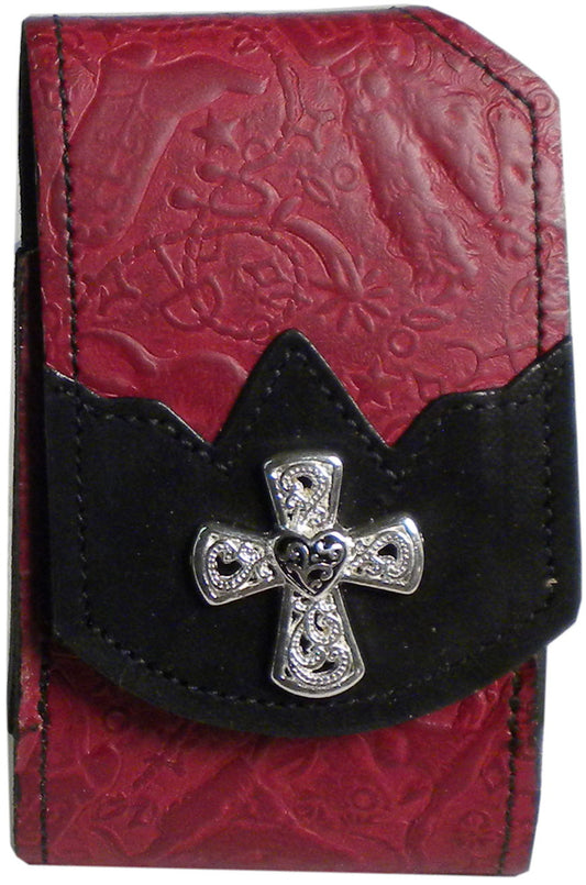 F2207133R - Flip phone cell case - 1 overlay, heart in the center of a cross concho, clip on back - Red