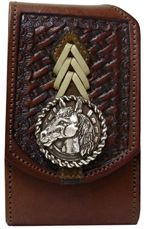 F2212154C - Flip phone cell case - Lattice work with lacing, horse head with rope edging concho, clip on back