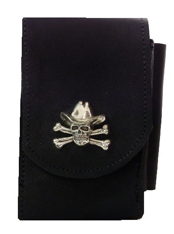 F2121116B - Flip phone cell case - Pullup, Skull and cross bones with cowboy hat concho, clip on back- Black