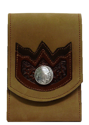 X2235107T - XL Smart phone case - 2 overlays, Indian head concho, clip on back - Tan