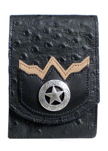 V2247050B - Smart  Phone Case - Ostrich, 2 overlays, silver star inside antique silver circle, clip on back- Black