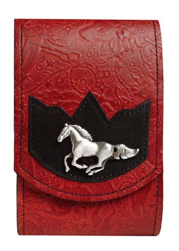 V2245048R - Smart Phone Case - 1 overlay, Boot & Saddle print, running horse concho, clip on back - Red