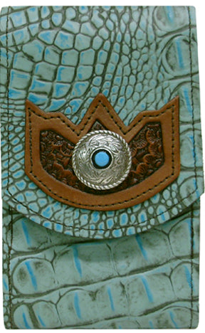 V2302270T - Smart phone case - Genuine Italian leather with embossed overlay and a southwest concho with a turquoise stone, back clip