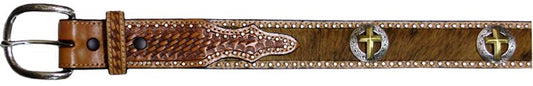 2771064N - Belt - 1.50 width Hairy calf with embossed ends, 5 2-tone cross conchos, outlined by nail heads