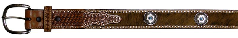 2771068N - Belt -1.50 width Hairy calf with embossed ends, 5 round concho with TQ stones outlined by nail heads