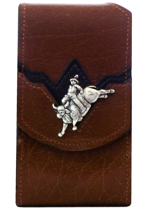 F2804084T - Flip phone cell case - 2 overlays, bull & rider concho, clip on back