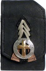 F2816064B - Flip phone cell case - Nubuck, 1 overlay, lacing, silver cross on antique silver circle, clip on back