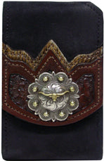 F2832004B - Flip phone cell case - hairy calf overlay with a embossed overlay, longhorn on a 2 tone berry concho, clip on back