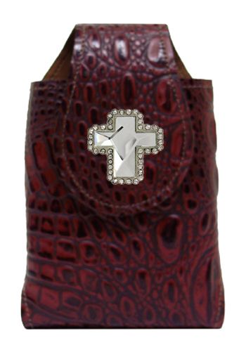 G2879221W - Smart phone case - Genuine Italian leather, rhinestone cross concho, clip on back- Wine