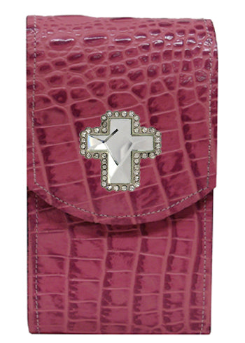 X2881221PP - XL Smart phone case - Genuine Italian leather, rhinestone cross, clip on back - Pink