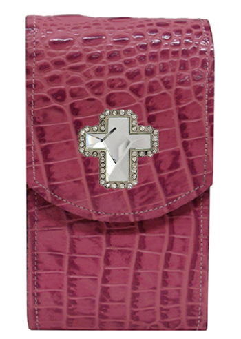 V2881221PP - Smart phone case - Genuine Italian leather, rhinestone cross, clip on back - Pink