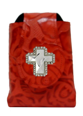 G2884221R - Smart phone case -  Genuine Italian floral leather, rhinestone cross, clip on back - Red