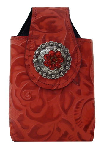 G2884244R - Smart phone case -  Genuine Italian floral leather, berry concho with red rhinestones, clip on back - Red