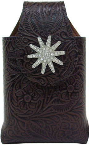 G2894181C - Smart phone case - Genuine Italian leather, floral print with rhinestone spur concho, clip on back