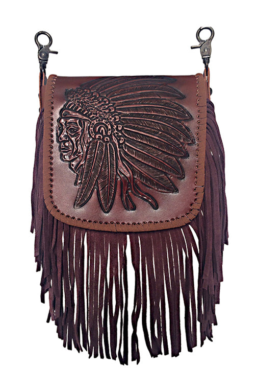 400004TN - 7 x 7 x 2<br />All Leather Cross Body, Embossed Indian Chief, Whip Stitch, Suede Fringe. Adj/Removable Strap. Back: Zip Pocket.