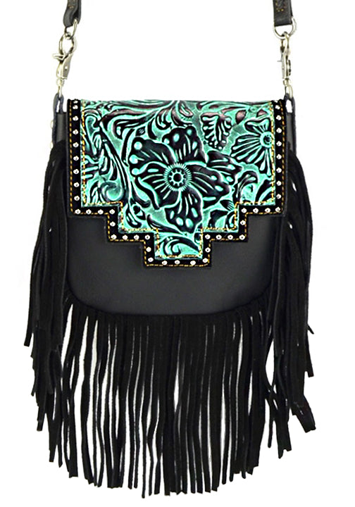 400011BK - 7 X 7 X 2<br />All Leather Crossbody with Loop Clips, Floral Embossed Geometric Flap, Suede Fringe, Adj/Removable Strap.