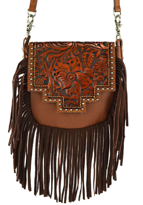 .400011TN - 7 X 7 X 2<br />All Leather Crossbody with Loop Clips, Floral Embossed Geometric Flap, Suede Fringe, Adj/Removable Strap.