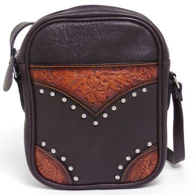 400341NT - 7.5 X 9 X 1.5<br />LEATHER HANDBAG - TOOLED OVERLAY IN FRONT  W/SILVER STUDS,1 COMP, FRT OPEN PKT, BK ZIP PKT - NATURAL