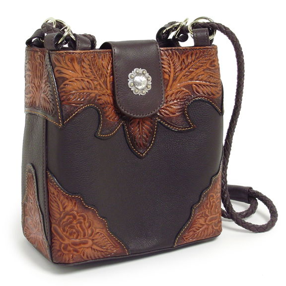 400345NT - 8.5 X 9 X 5<br space/>LEATHER, BUCKET STYLE W/TOOLED OVERLAY W/ TOP STITCHING AT TOP AND BOTTOM FRONT CORNERS - NATURAL