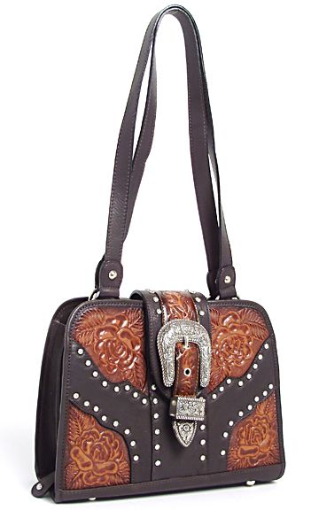 400346NT - LEATHER, TOOLED OVERLAY ON ALL FOUR FRONT CORNERS OUTLINED W/SILVER STUDS, BUCKLE FLAP - NATURAL