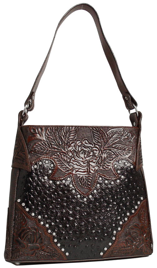 400365BK - 11.5 X 10 X 3.5<BR /> LEATHER HANDBAG-OSTRICH PRT,FLORAL  HAND TOOLED TRIM, 1 COMPARTMENT, 3 INSIDE PCKTS, ZIP CLOSURE-BLACK