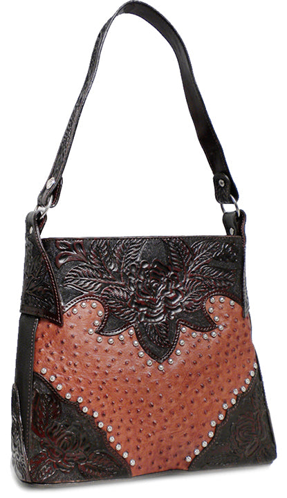 400365CO - 11.5 X 10 X 3.5<BR />LEATHER HANDBAG-OSTRICH PRT,FLORAL  HAND TOOLED TRIM, 1 COMPARTMENT, 3 INSIDE PCKTS, ZIP CLOSURE-COGNAC