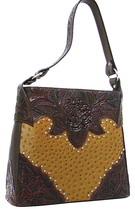 400365TN - 11.5 X 10 X 3.5<BR /> LEATHER HANDBAG-OSTRICH PRT,FLORAL  HAND TOOLED TRIM, 1 COMPARTMENT, 3 INSIDE PCKTS, ZIP CLOSURE-TAN