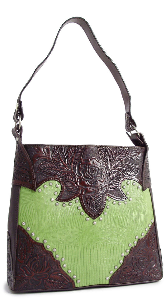 400366GN - 11.5 X 10 X 3.5<BR /> LEATHER HANDBAG-GATOR PRINT,FLORAL  HAND TOOLED TRIM, 1 COMPARTMENT, 3 INSIDE PCKTS, ZIP CLOSURE-GREEN