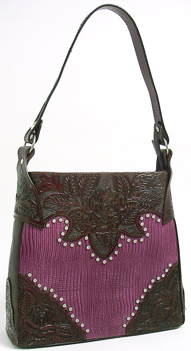 400366PU - 11.5 X 10 X 3.5<BR />LEATHER HANDBAG-GATOR PRINT,FLORAL  HAND TOOLED TRIM, 1 COMPARTMENT, 3 INSIDE PCKTS, ZIP CLOSURE-PURPLE