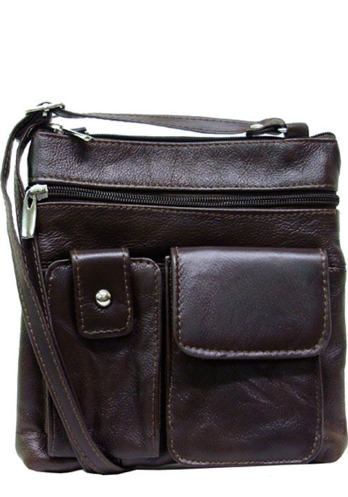 400480BR - 6.5 X 8 X 1<br />Genuine leather,  1 comp, 3 outside zip pckts, 1 outside cell phone pckt, 1 velcro flap pckt, adjustable strap