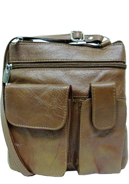 400480LBR - 6.5 X 8 X 1<br />Genuine leather,  1 comp, 3 outside zip pckts, 1 outside cell phone pckt, 1 velcro flap pckt, adjustable strap